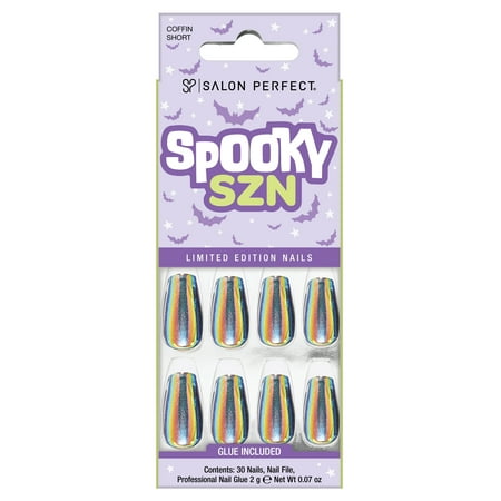 Salon Perfect Halloween Fall Artificial Fake Press On Nails, 387 Magnetic Holographic Gray, Short Coffin, File, Glue and Prep Pad Included, 30 Nails