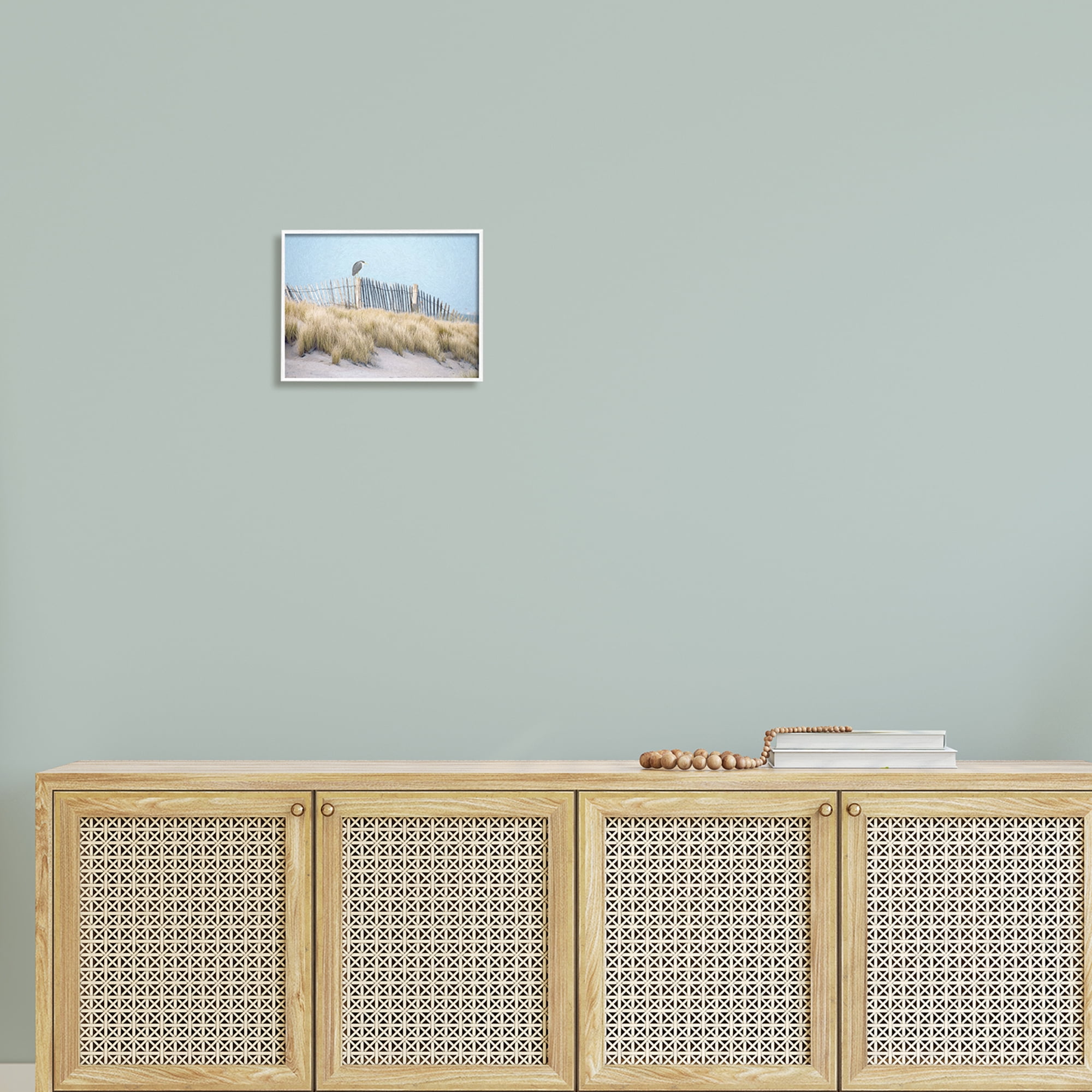 Stupell Bird Perched Nautical Beach Fence Landscape Painting White Framed Art Print Wall Art