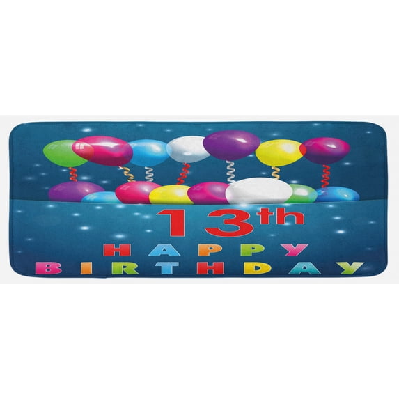 13th Birthday Kitchen Mat, Joyful Surprise Event Teen Celebration Party with Balloons Ribbons Stars, Plush Decorative Kitchen Mat with Non Slip Backing, 47" X 19", Multicolor, by Ambesonne
