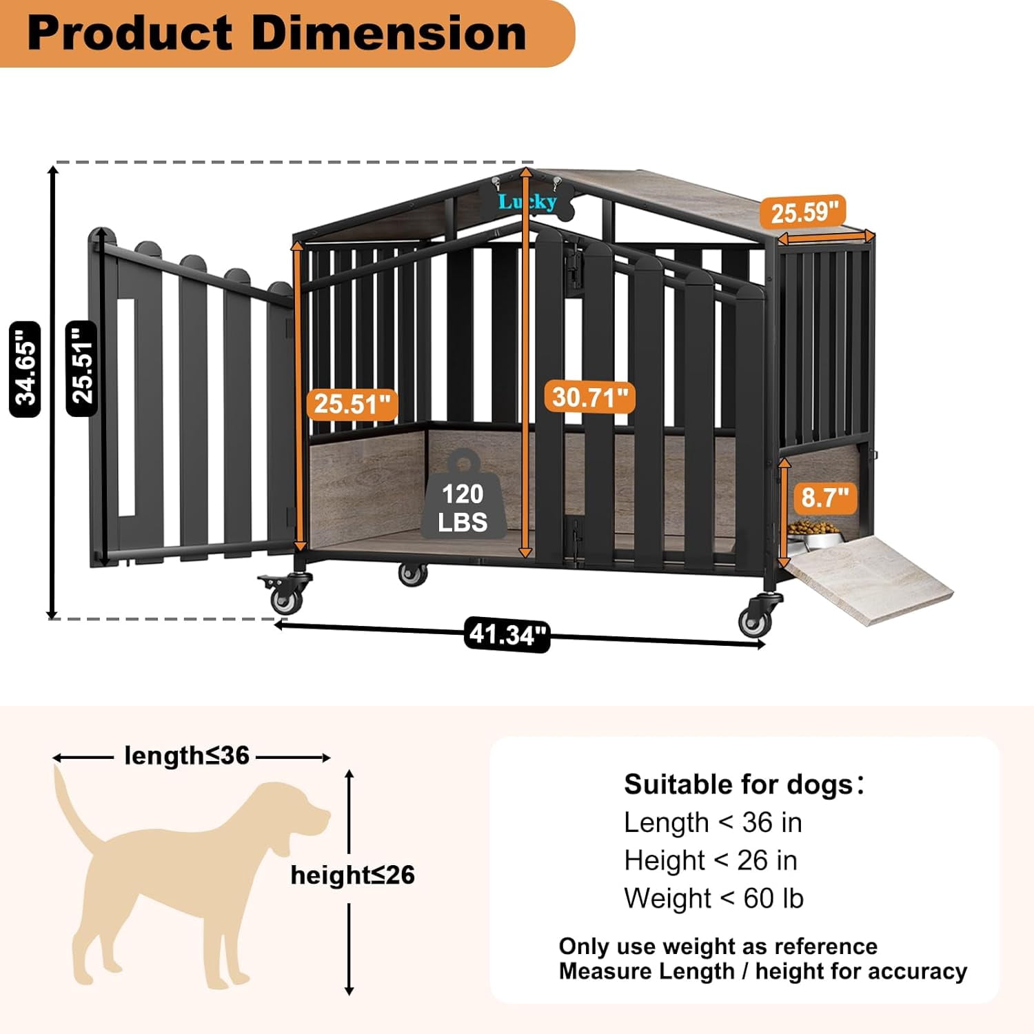 POAO 41"Heavy Duty Dog Crate Furniture for Medium Dogs(35-60lb), Dogs Kennel Indoor with 360° Wheels,Dog Cage with Feeding Window and Name Tag