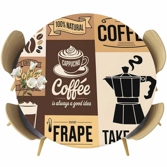 Vintage Coffee Round Tablecloth, Fitted Table Cover with Elastic for 36"-44" Round Tables, Farmhouse Retro Art Coffee Beans Table Cloth Outdoor Indoor Dinning Party Waterproof Tablecloths