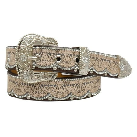 Clear Expressions Overlays - Angel Ranch DA3652-S 1.25 in. PU Leather Tan Lace & Bead Overlay Clear Crystals Girls Belt, Brown - Small