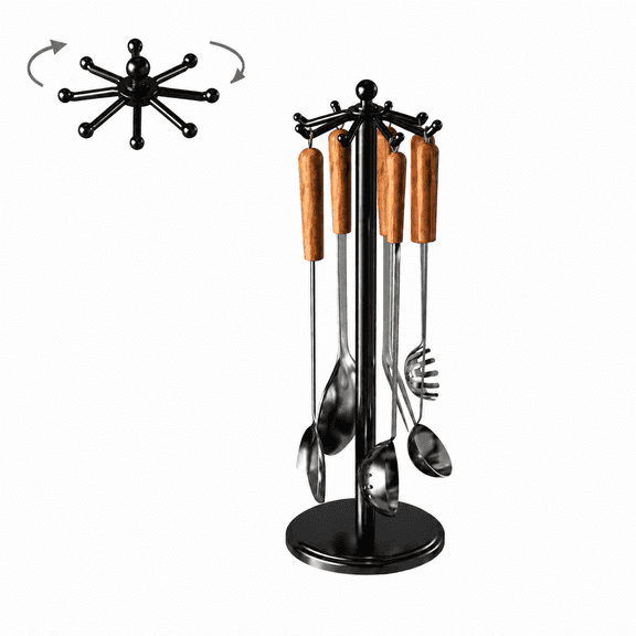 Kitchen Countertop Utensil Holder, Stainless Steel Rotatable Cooking Utensils Organizer with 8 Rotating Hooks, Kitchen Utensil Hanger, Spatula Holder for Countertop Kitchen Storage, Black