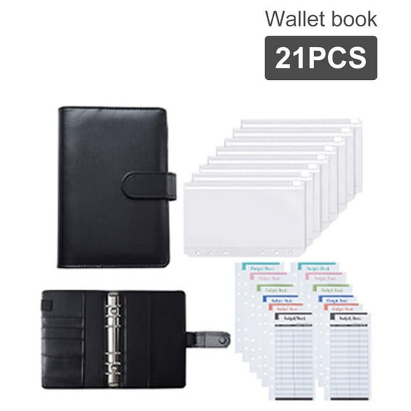 6-Ring A6 Notebook Binder PU Leather Pocket Budget Planner Organizer with 12 Pages and 8 Cash Envelopes Black