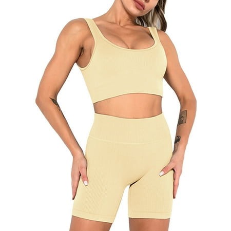 SWSMCLT Women s Seamless Yoga Set 2 Piece Workout Oufit Biker Shorts Set Lounge Gym Activewear with Padded Bra Quick Dry Ribbed Summer Sleeveless Scoop Neck Backless High Waist Nude Small