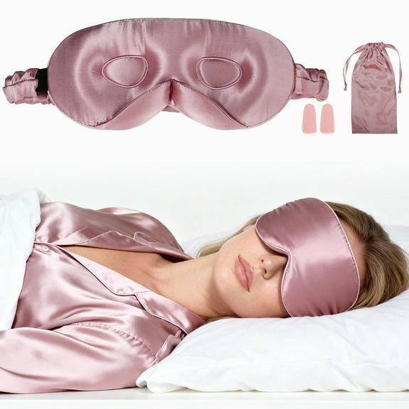 Unique Bargains 22 Momme Pure Silk Sleep Mask with Travel Pouch 3D Contour Adjustable Blindfold for Side Sleepers Eye Mask Locks Light for Sleeping Bean Pink