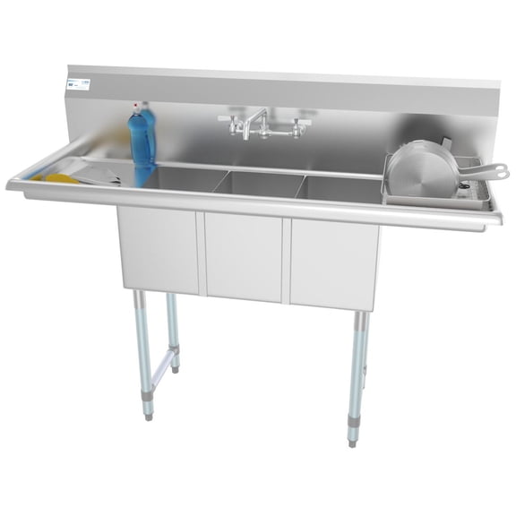 Koolmore SC101410-12B3FA 3 Compartment Stainless Steel Nsf Commercial Kitchen Sink With Faucet And Cross Braced Legs; Silver; 2 Drainboards W/ Faucet (Sc101410-12B3Fa)