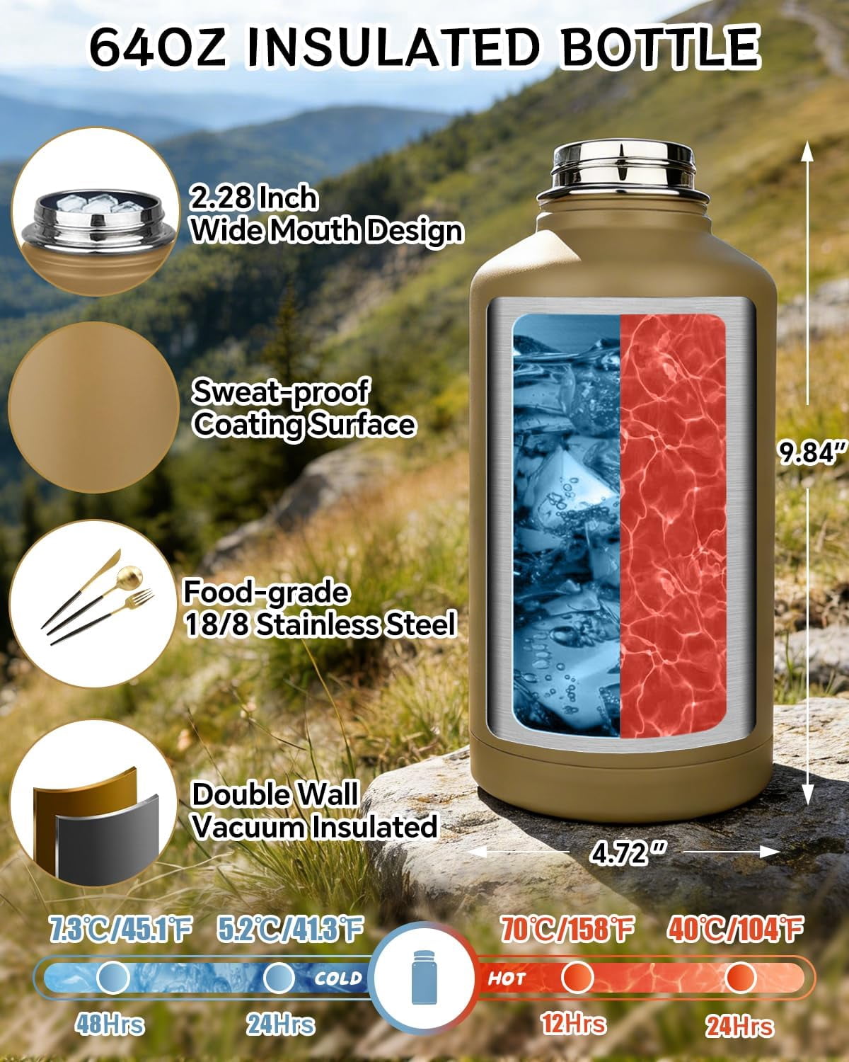 Half Gallon Water Bottle Insulated with Sleeve-64 oz Stainless Steel Water Jug with Strap Paracord Handle Metal Sport GYM Water Bottles for Men Women Hunting Hiking Travel Biking Camo CP