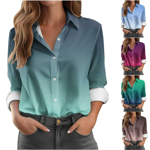 FRSASU Dressy Button Down Shirt for Women Long Sleeve Gradient Color Work Blouse Lapel Fashionable and Loose Casual Tops Purple XL(XL)