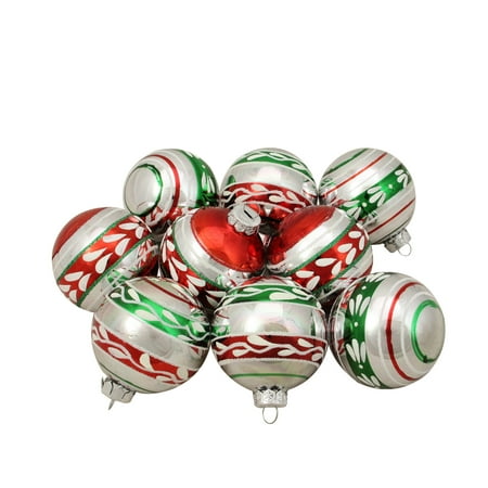 - 9ct Shiny Silver Vintage Striped Glass Ball Christmas Ornaments 2.75