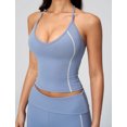 thumbnail image 4 of IBTOM CASTLE 2 Piece Workout Sets for Women Shorts Yoga Pilates Outfits Striped Backless Halter Padded Tank Top With High Waist Fold-over Biker Shorts Blue, 4 of 7