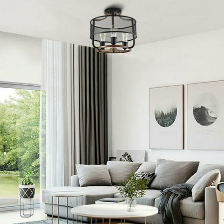 

3-Light Ceiling Light Semi-Flush Mount Light Fixture Chandelier with Black Cage
