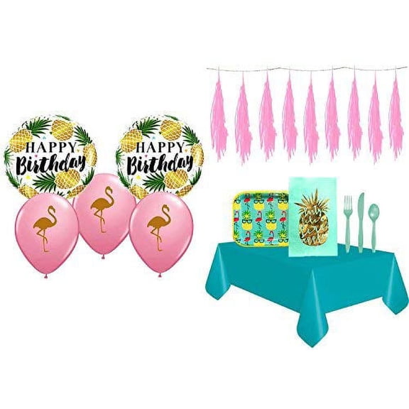Pineapple & Flamingo Party Pack 16 Guest Desert Plates Plus BALLOONS & Party Tassels
