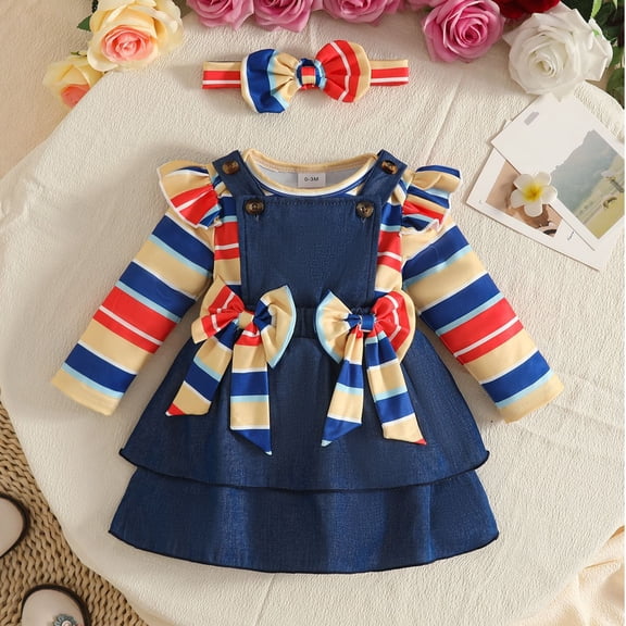 Girls Dress Striped Long Sleeve Bow Warm Quality Casual for Girls Comfortable Princess Holiday Dress Set