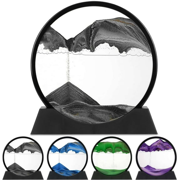 Gustave Moving Sand Art Picture Liquid Motion Round Glass 3D Hourglass Deep Sea Sandscape Quicksand Relaxing Art Decor for Home Office Desktop, 7 Inch, Black