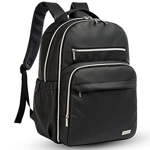 Gran mochila pañales impermeable - Cuero vegano, elegante, bolsa multifuncional, viaje, maternidad, bebé, cambio unisex - Bolso negro