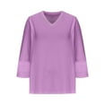 thumbnail image 7 of V Neck T-Shirts Womens 3/4 Length Sleeve Tops Hollow Lace Patchwork Loose Trendy Dressy Casual Blouses, Purple M, 7 of 7