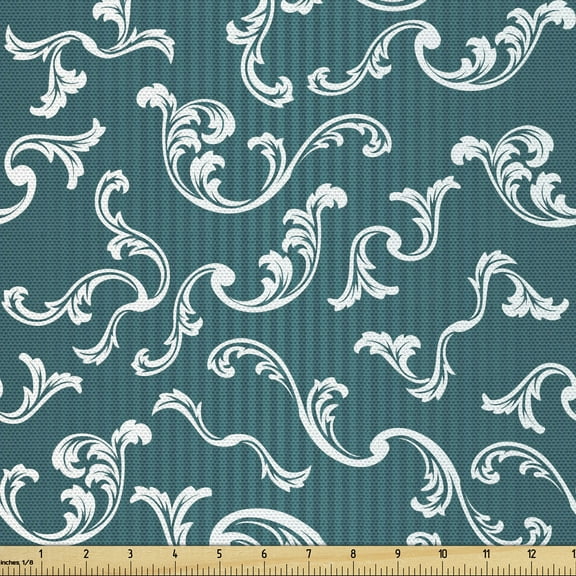 Ambesonne Teal Green Fabric by the Yard Upholstery, Leaves Motif on Stripes, 10 Yards, Teal and White