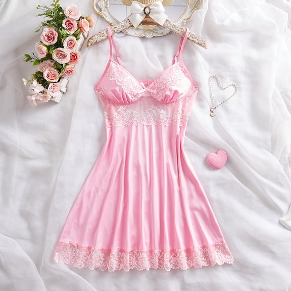 Fewfanhot Women's Elegant Deep V Lace Nightdress - Embroidered Design with Adjustable Shoulder Straps, Suspender Skirt