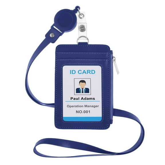 GOGO PU Leather Badge Holder Name Tag ID Card Holder Wallet Case with Retractable Reel Neck Lanyard-Blue