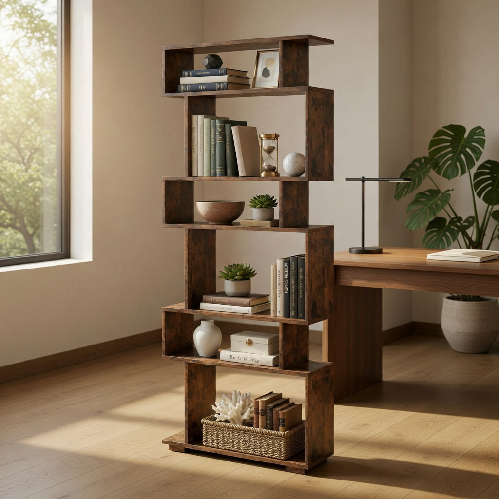 GVN 6-Tier Geometric Open Bookshelf Stylish Modern Display Bookcase with 2 Anti-Tipping Kits Stable Structure for Home Office Study Living Room Storage Furniture, Brown