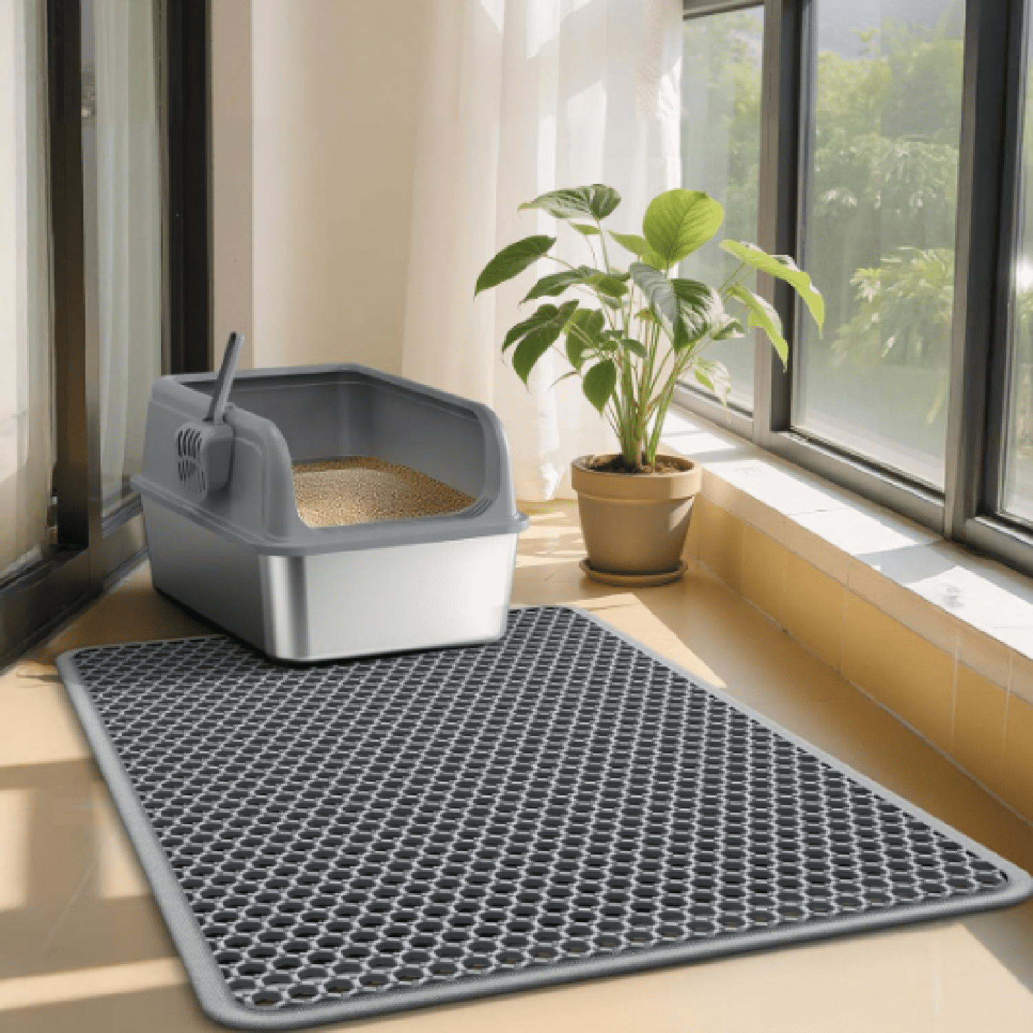 Cat Litter Mat - 46" x 35" Jumbo Litter Box Mat with Double Layers, Urine-Proof and Non-Slip Litter Trapping Mat, Easy to Clean Kitty Litter Mats for Floor, Scatter Control, Grey
