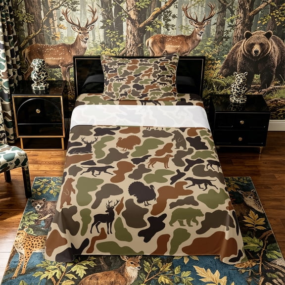 Castle Fairy Hunting Camo Wildlife Twin Sheets 3pcs,Deer Bear Turkey Dog Silhouette Bedding,Khaki Brown Green,1 Fitted Sheet, 1 Flat Sheet and 1 Pillowcase