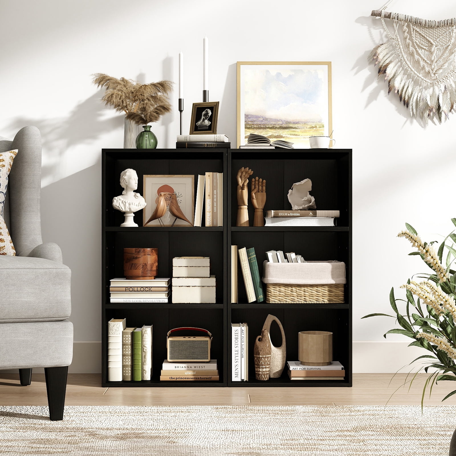 Giantex 3-Cube Bookcase, Floor Standing Open Bookshelf w/7-Position Adjustable Shelves, Modern Display Shelf, Black