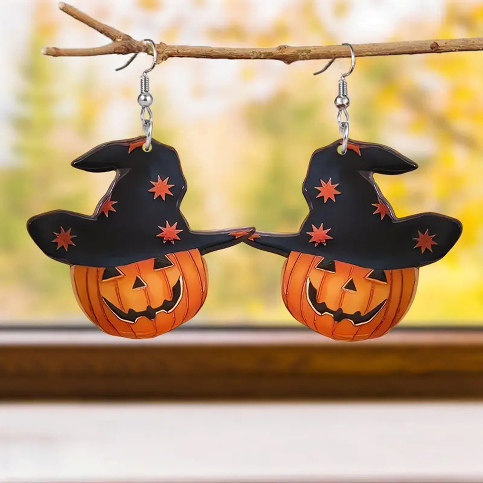 Boucles D'oreilles Halloween Citrouille Et Chat Noir - Acrylique Léger - Pour Femme, Cadeau Automne - Crochets Inox
