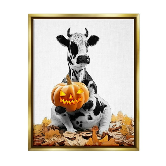 Stupell Industries Cow with Jack-o-Lantern Holiday Painting Gold Floater Framed Canvas Art Print Wall Art, 17 x 21