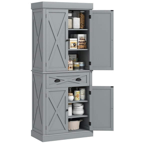 GVN Kitchen Pantry,72" Kitchen Cabinet, Pantry Storage Cabinet with 4 Doors and 2 Adjustable Shelves, Large Central Drawer, Gray