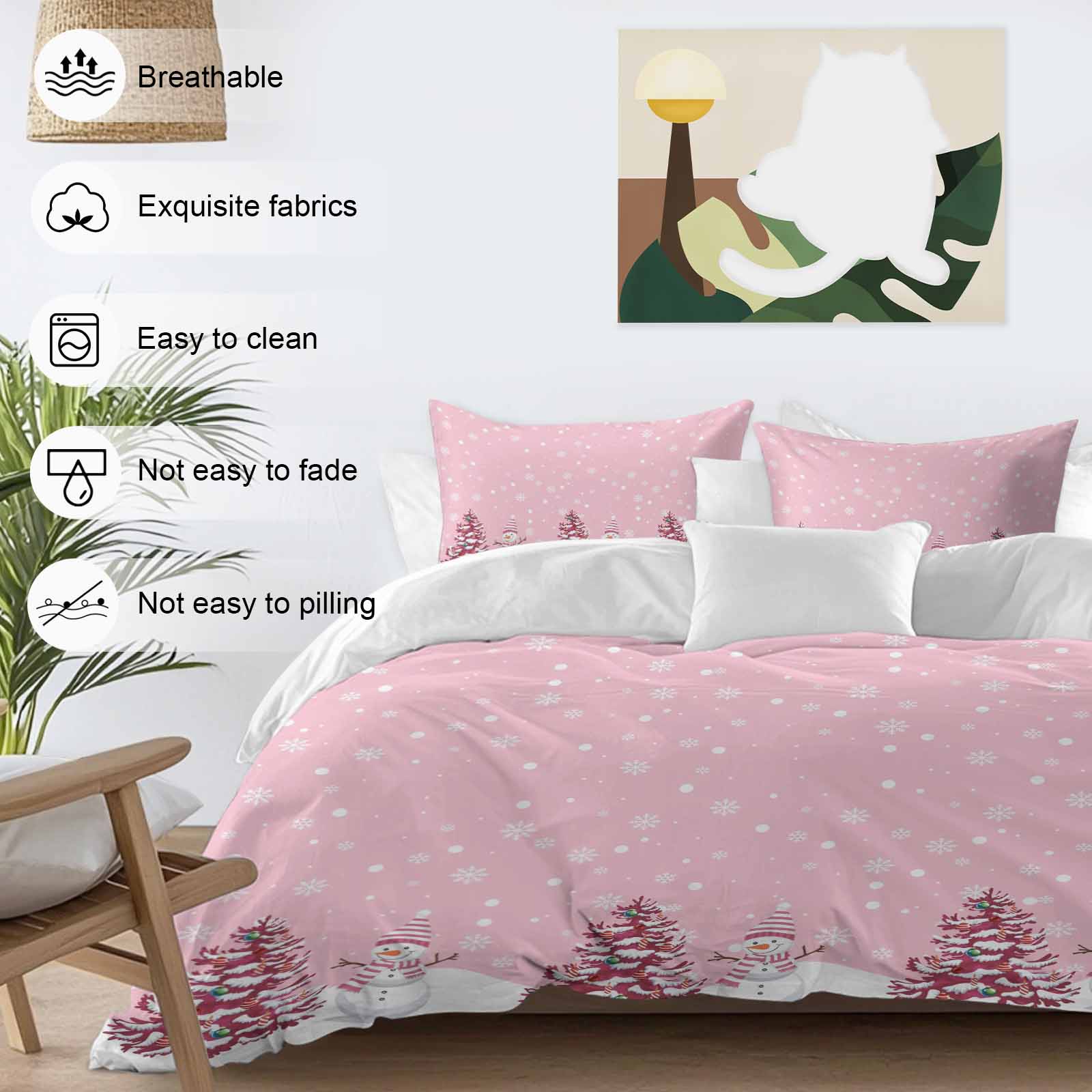 Pink Christmas Bedding Duvet Cover Set King Size 4 Pieces Snowman Christmas Tree Winter Snowflakes Bedding Set with Zipper Closure, 1 Comforter Cover 92x106 Inches 1 Flat Sheet & 2 Pillow Cases