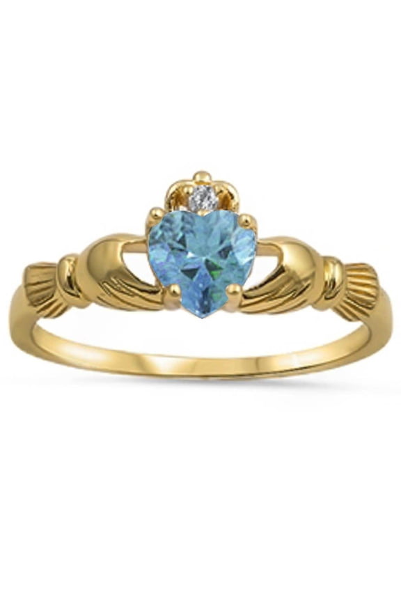 Gold-Tone Sterling Silver Synthetic Aquamarine CZ Claddagh Ring Size 5