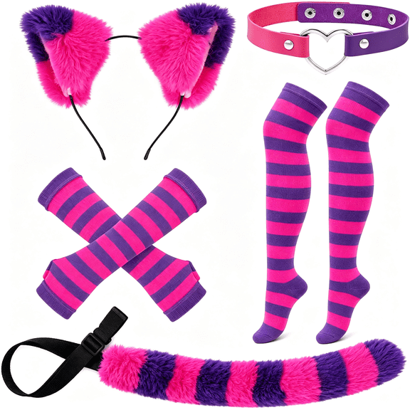 OQRKI Pink Purple Striped Cat Costume Include Cat Ears Furry Tail Choker Striped Socks Gloves for Halloween Dress Up Cat Costume