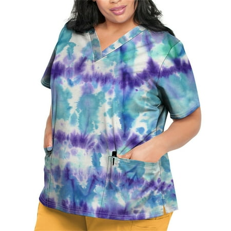 

Sksloeg Women s Scrubs Women Short Sleeve Tops Working Uniform Tie-dye Printed Scrub Tops with Pocket Blouse Dark Blue XXXXL