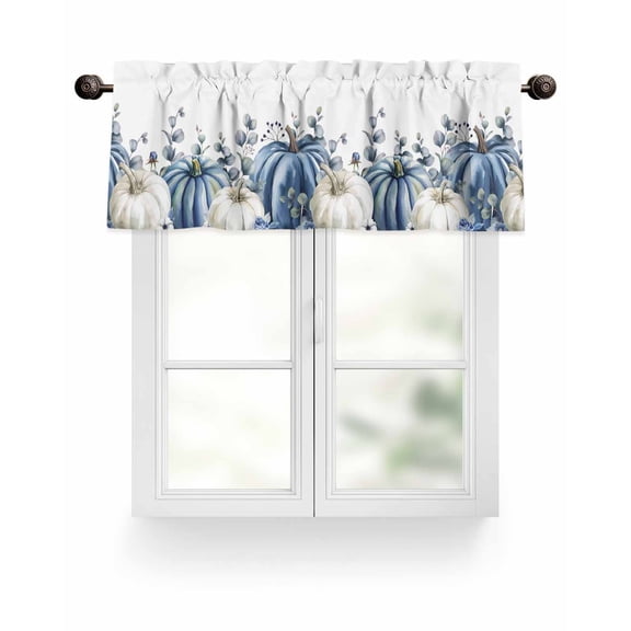 Fall Thanksgiving Kitchen Valances for Windows Blue White Pumpkins Autumn Leaves Valance Curtains  for Kitchen /Living Room/Bedroom/ Bathroom Decor, 42"x12 " ,Rod Pocket 1 Panel, White