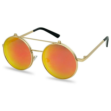 SunglassUP 50mm Round Steampunk Inspired Flip up Sunglasses Django Style with Mirror Colored Lens