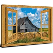 USA Country Field Canvas Wall Art Fake Window Frame Style Farmhouse Old Barn Painting Wall Decor for Living Room Vintage Nature Landscape Prints Artwork Office Bedroom Bathroom Home Decorations 12x16"