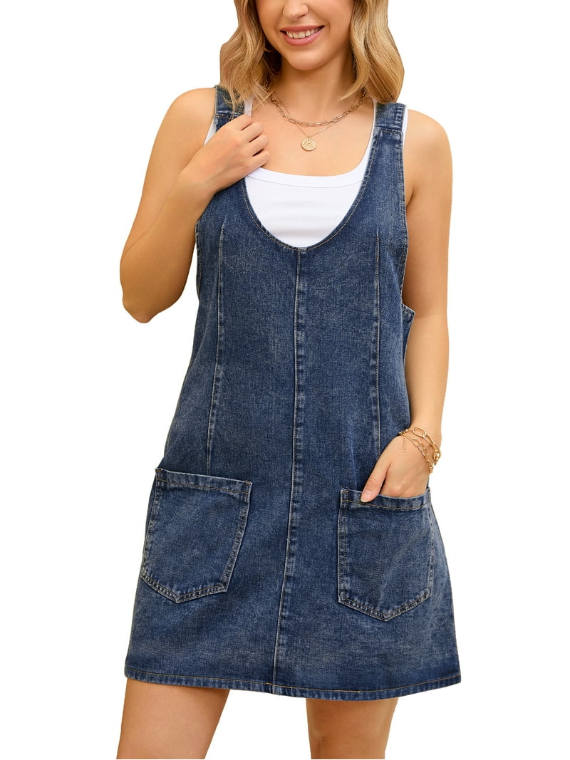 ladies dress overalls Inspire Chic Women's Dress Denim Overalls Loose Casual Sleeveless Mini Dresses Blue S, Size: Small