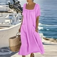 thumbnail image 6 of Efsteb Womens Sundress Button Pleated Square Neck Short Sleeve Casual Dress with Pockets Loose Fit Flowy Summer Vacation Dress (Purple,XXXL), 6 of 8