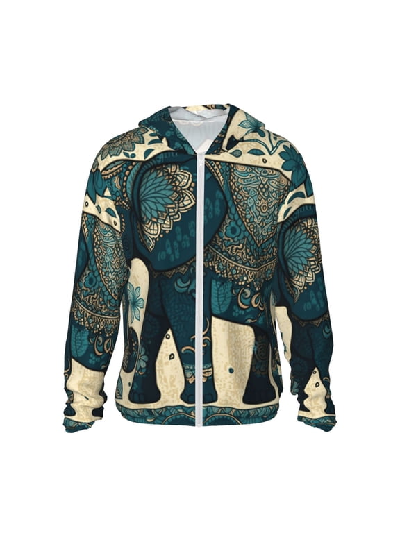 Women Men Sun Protection Hoodie Jacket Zip Long Sleeve Shirt Hiking Outdoor , Elephant Boho Ethnic Tribal African