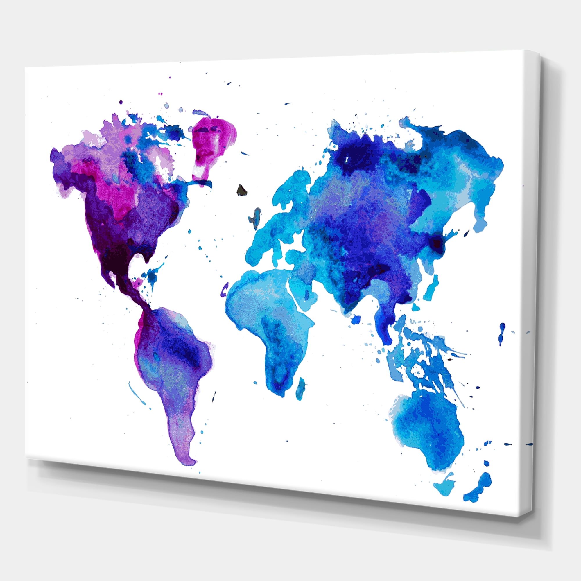 Blue and Purple Map Of The World 8 in x 12 in Painting Canvas Art Print, by Designart