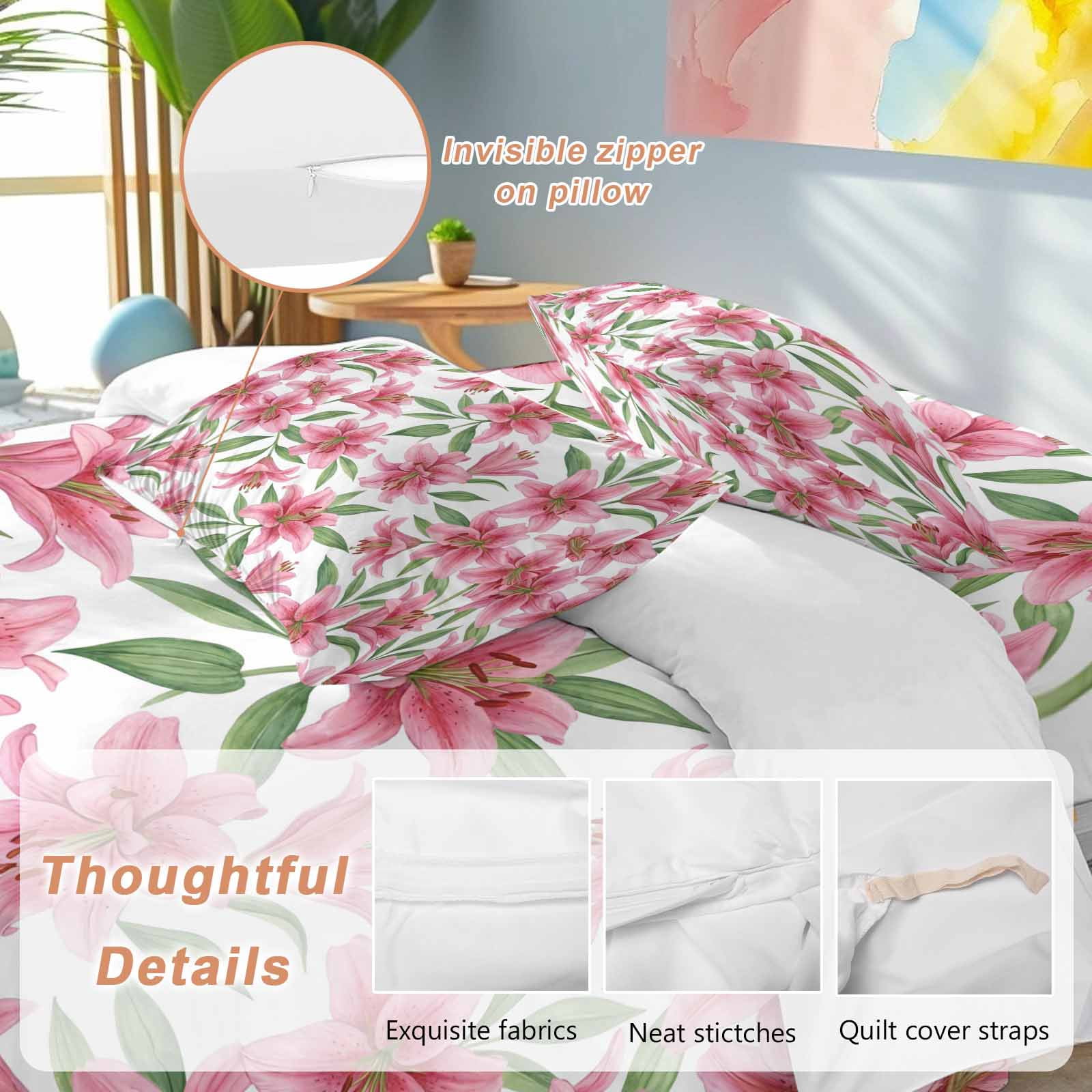 Summer Lily Queen Duvet Cover Set, Watercolor Pink Flower Pastoral Style 4 Piece Microfiber Bedding Set with Zipper Closure, Bed Sheet and 2 Pillow Shams, Soft Bedding Cover