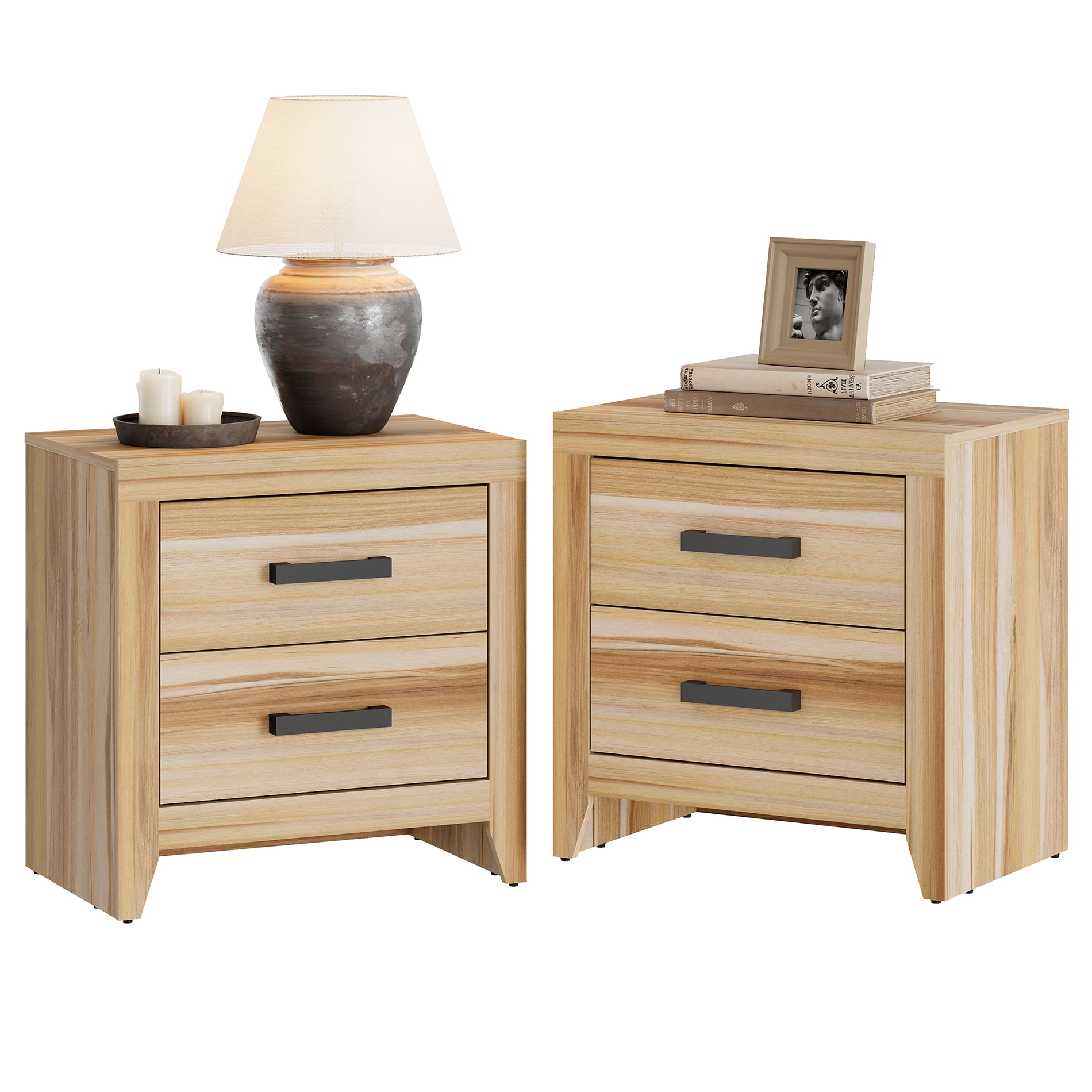 Set of 2 Farmhouse Rustic Wooden Nightstand With 2 Smooth‑Glide Storage Drawers,Solid‑Base Bedside End Table,Multi‑Purpose Accent Side Cabinet For Bedroom,Living‑Room,Two-Tone