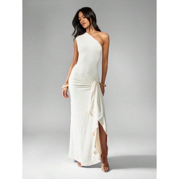 Beige One Shoulder Maxi Gown Elegant Form-Fitting Ruched Side Draped Evening Dress