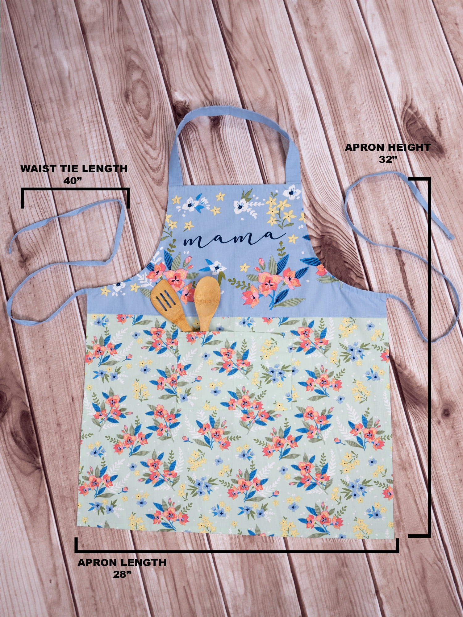 Mainstays Chef Kitchen Apron, 28" x 32" Floral Cotton Bib Apron with Pockets for Cooking, Baking, Gardening in Mint