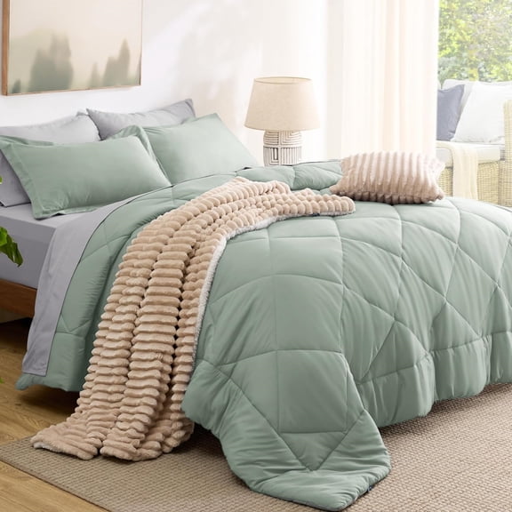 Full Size Comforter Set - 7 Pieces Reversible Sage Green Bedding, Full Size Bed Set for All Seasons, Bed in a Bag with Down Alternative Comforter, Sheets, Pillowcases & Shams