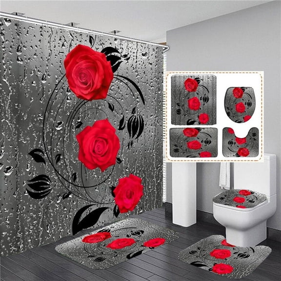 Red Blue Pink Rose Print Shower Curtain with Hooks Bathroom Mat Set Anti-slip Soft Bath Carpet Lover Valentines Home Decoration