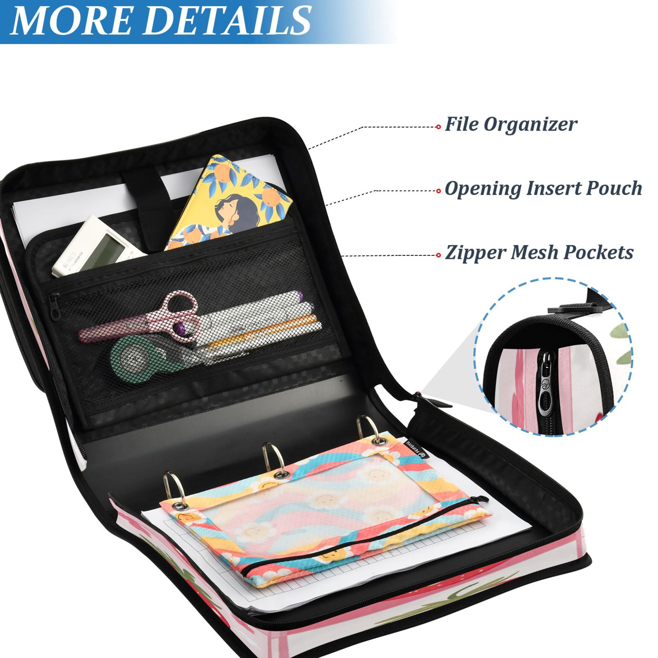 YAZAOO Zipper Binder trapper keeper Documents Organized Design Sweet Strawberry Patch Printed