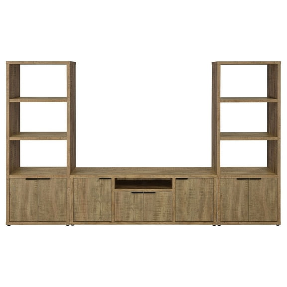 TV Entertainment Console with 2 Media Tower, 4 Cabinets, Natural Brown Wood